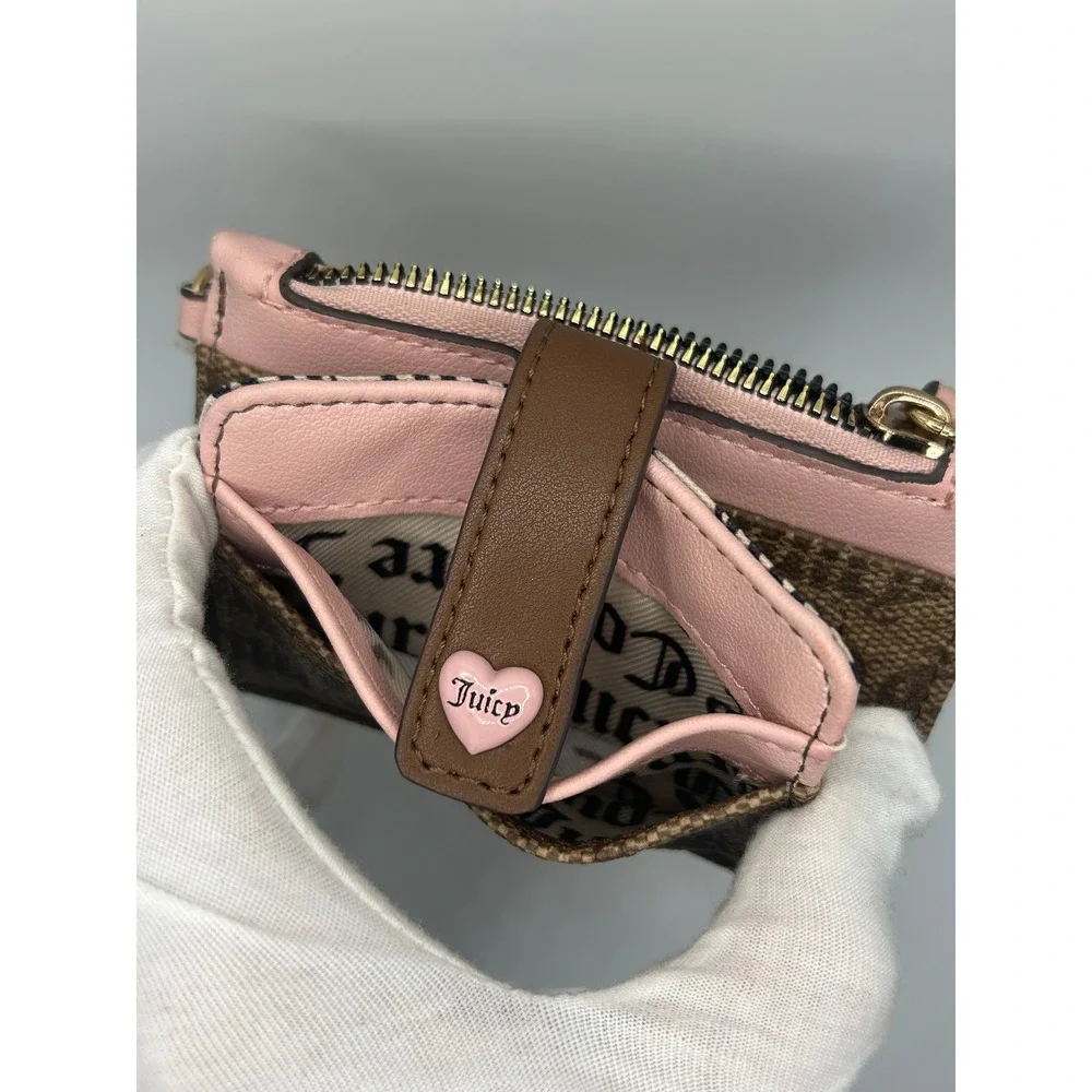 Juicy Couture Card Holder‎ Wallet Pouch Keychain Heart Charm Pink Brown Monogram